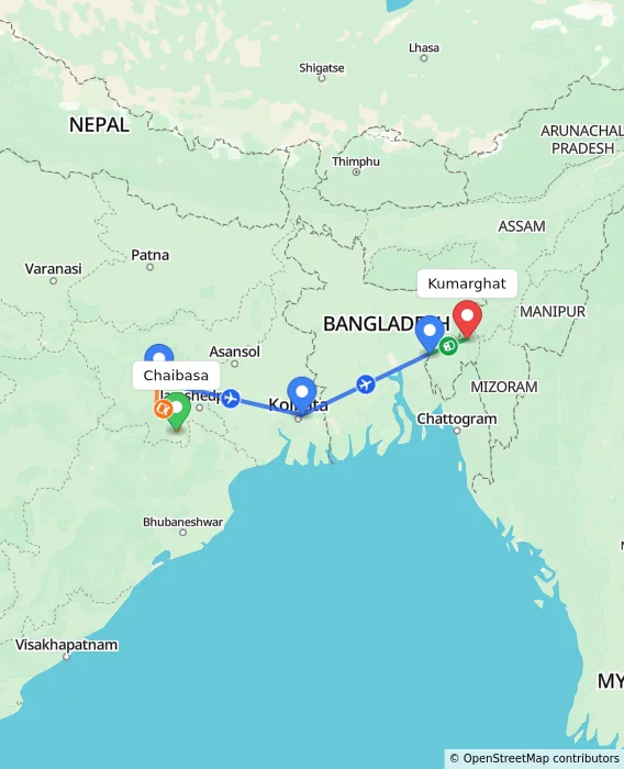 Route map showing distance and travel time from Chaibasa, India to Kumarghat, India