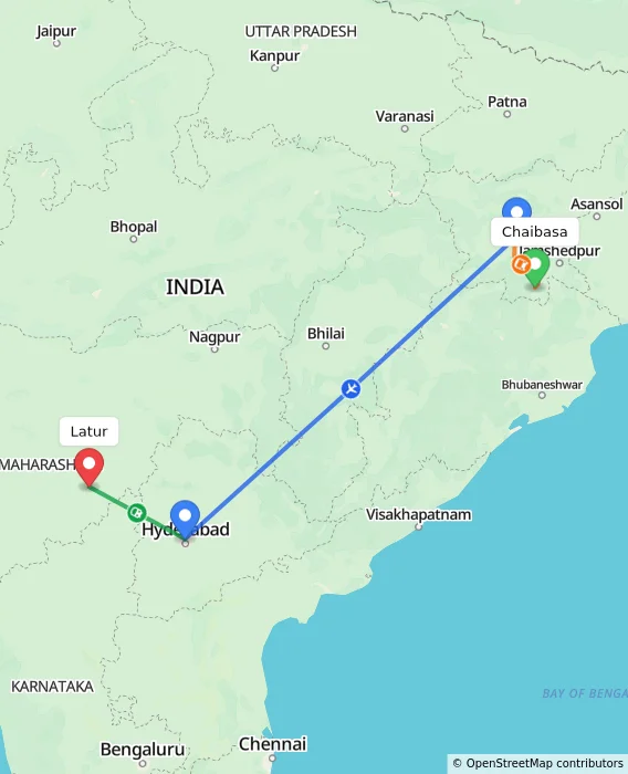 Route map showing distance and travel time from Chaibasa, India to Latur, India