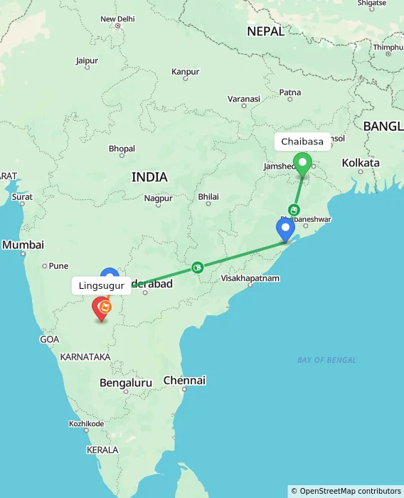 Route map showing distance and travel time from Chaibasa, India to Lingsugur, India