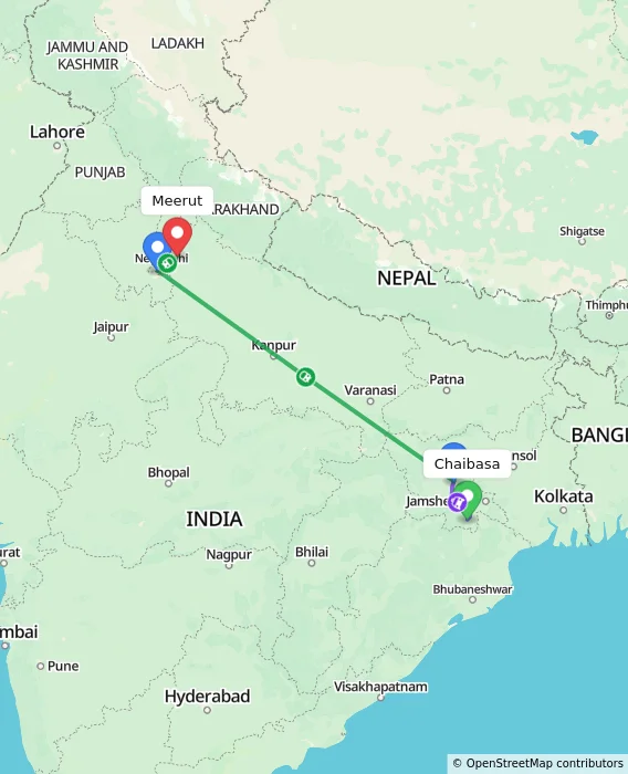 Route map showing distance and travel time from Chaibasa, India to Meerut, India