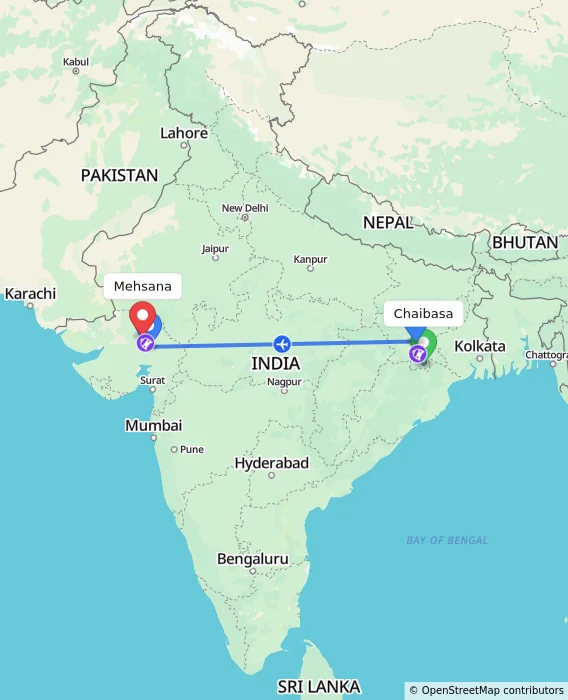 Route map showing distance and travel time from Chaibasa, India to Mehsana, India