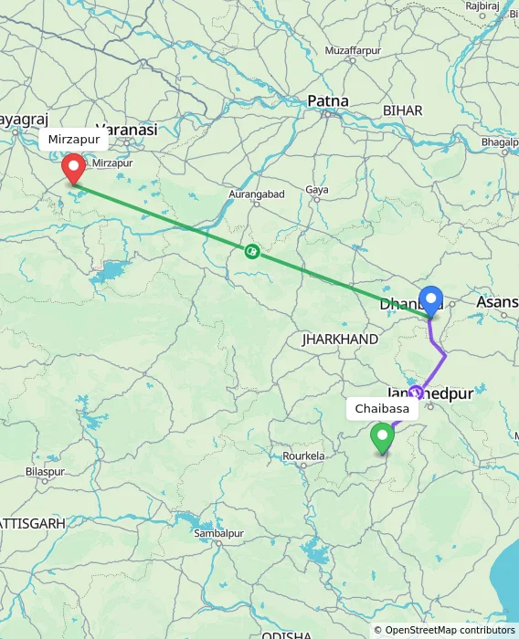 Route map showing distance and travel time from Chaibasa, India to Mirzapur, India