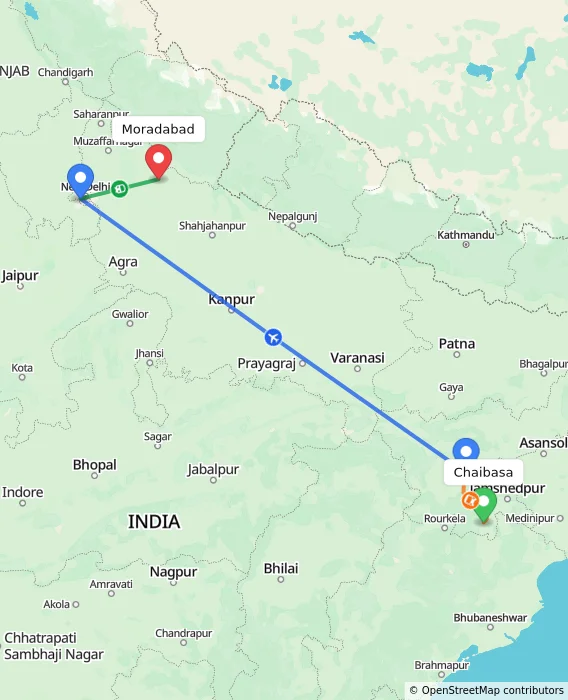 Route map showing distance and travel time from Chaibasa, India to Moradabad, India