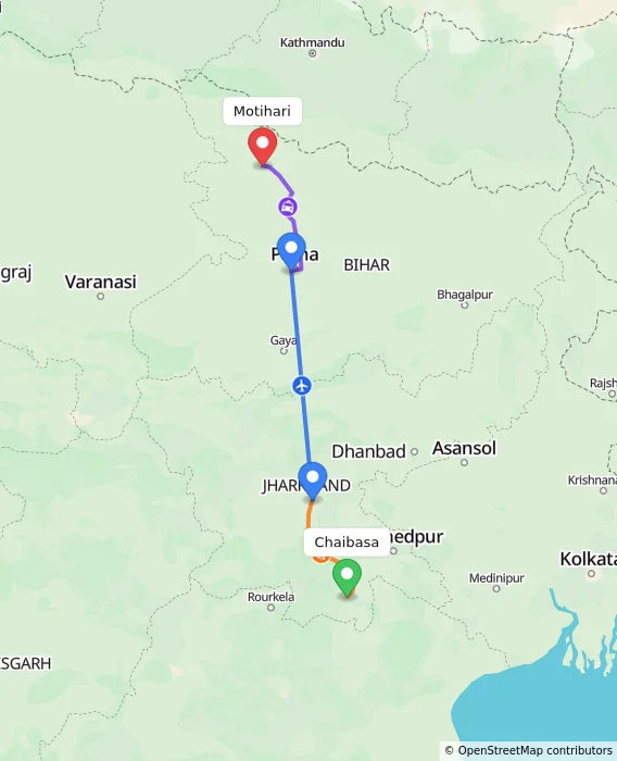 Route map showing distance and travel time from Chaibasa, India to Motihari, India