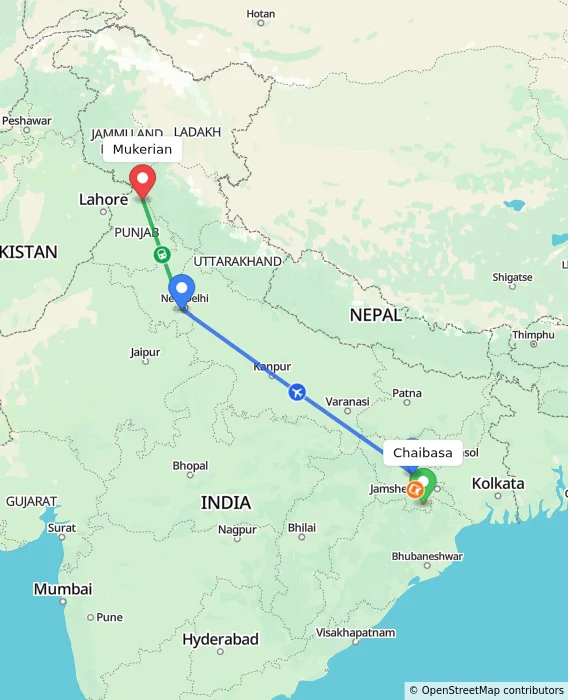 Route map showing distance and travel time from Chaibasa, India to Mukerian, India