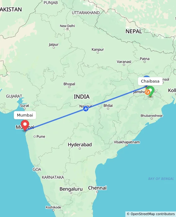 Route map showing distance and travel time from Chaibasa, India to Mumbai, India