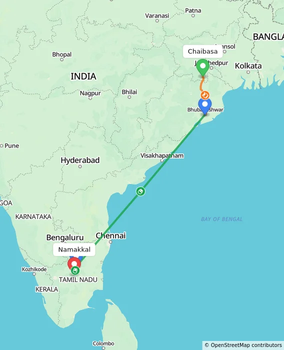 Route map showing distance and travel time from Chaibasa, India to Namakkal, India