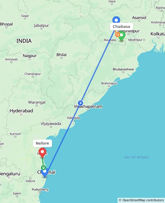 Route map showing distance and travel time from Chaibasa, India to Nellore, India