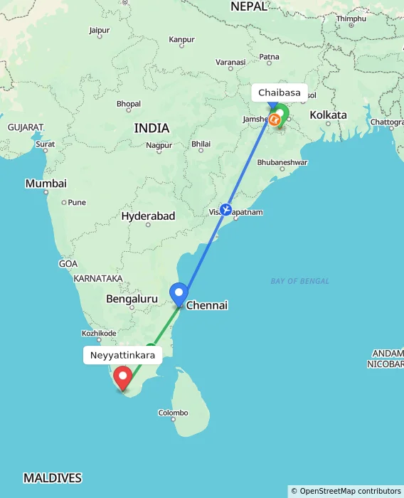 Route map showing distance and travel time from Chaibasa, India to Neyyattinkara, India