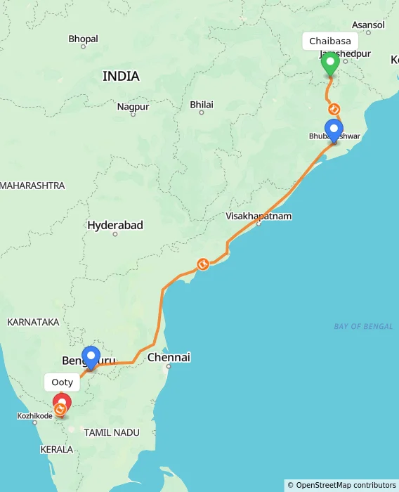 Route map showing distance and travel time from Chaibasa, India to Ooty, India