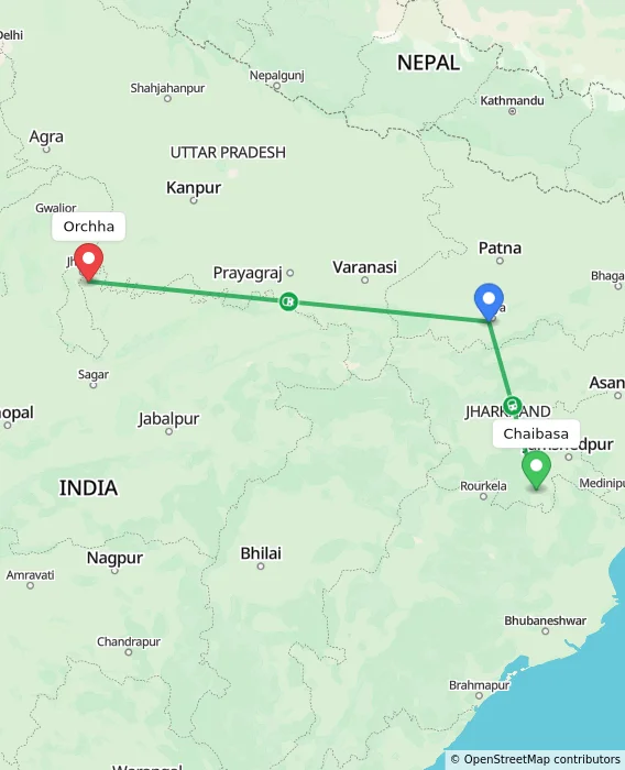 Route map showing distance and travel time from Chaibasa, India to Orchha, India