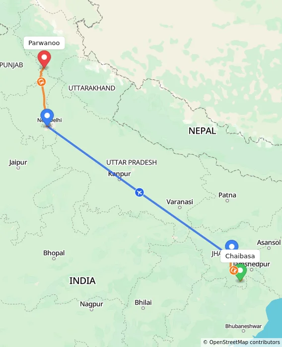 Route map showing distance and travel time from Chaibasa, India to Parwanoo, India