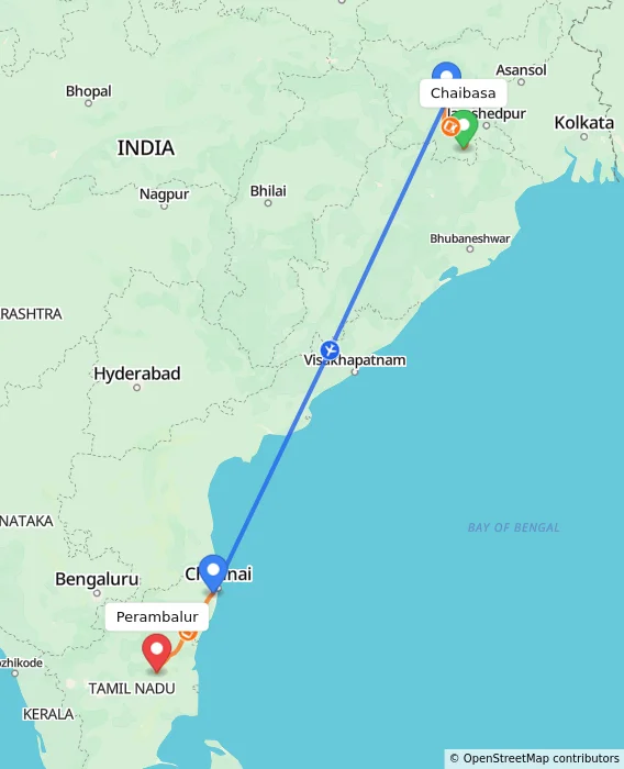Route map showing distance and travel time from Chaibasa, India to Perambalur, India