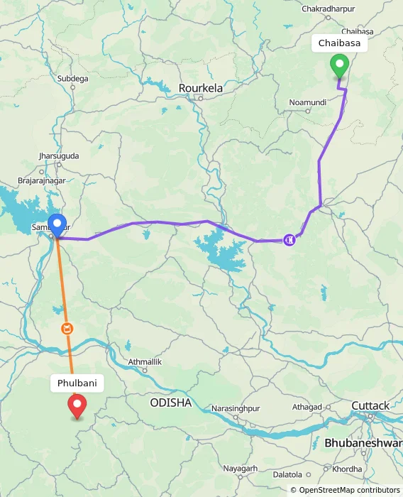 Route map showing distance and travel time from Chaibasa, India to Phulbani, India
