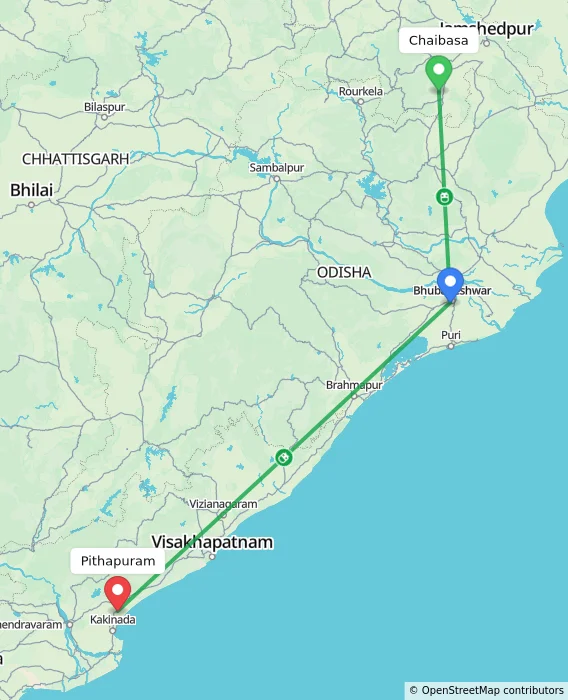 Route map showing distance and travel time from Chaibasa, India to Pithapuram, India