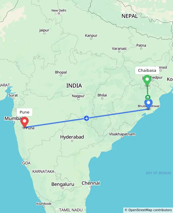 Route map showing distance and travel time from Chaibasa, India to Pune, India