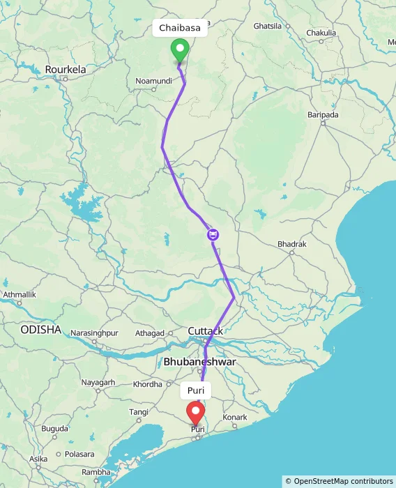 Route map showing distance and travel time from Chaibasa, India to Puri, India