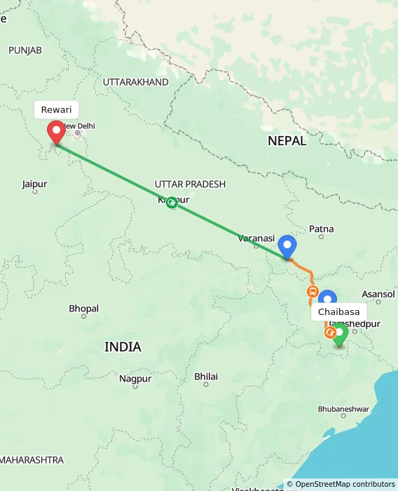 Route map showing distance and travel time from Chaibasa, India to Rewari, India
