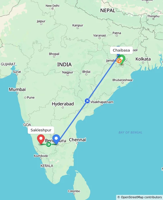 Route map showing distance and travel time from Chaibasa, India to Sakleshpur, India