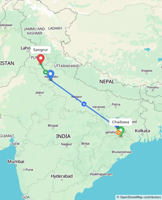 Route map showing distance and travel time from Chaibasa, India to Sangrur, India