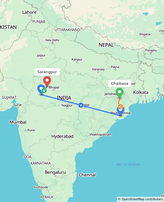 Route map showing distance and travel time from Chaibasa, India to Sarangpur, India