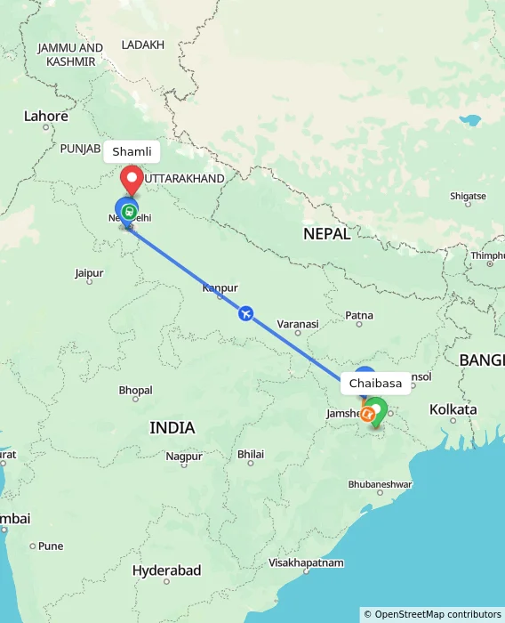 Route map showing distance and travel time from Chaibasa, India to Shamli, India