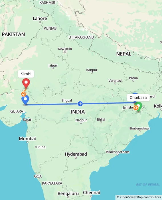 Route map showing distance and travel time from Chaibasa, India to Sirohi, India