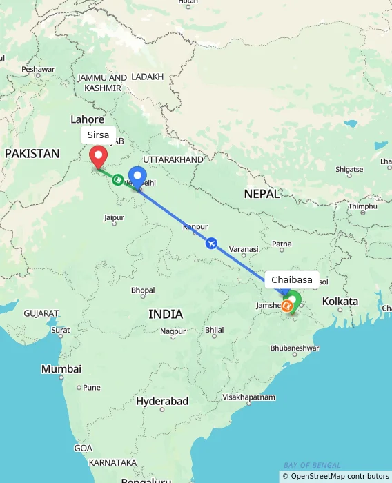 Route map showing distance and travel time from Chaibasa, India to Sirsa, India