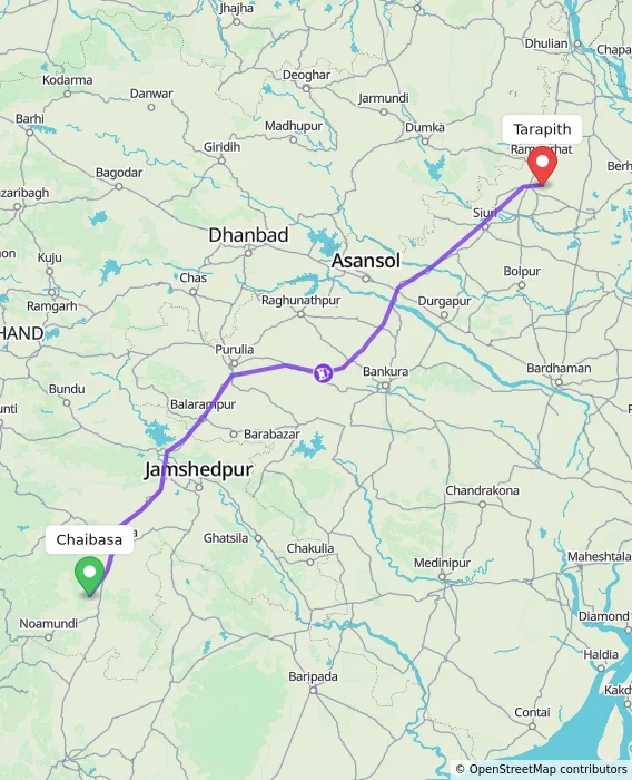 Route map showing distance and travel time from Chaibasa, India to Tarapith, India
