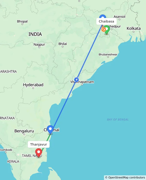 Route map showing distance and travel time from Chaibasa, India to Thanjavur, India