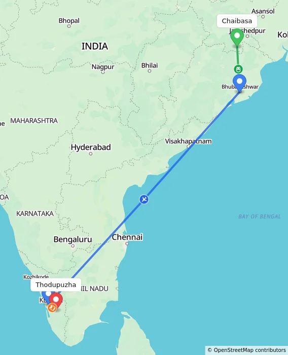 Route map showing distance and travel time from Chaibasa, India to Thodupuzha, India