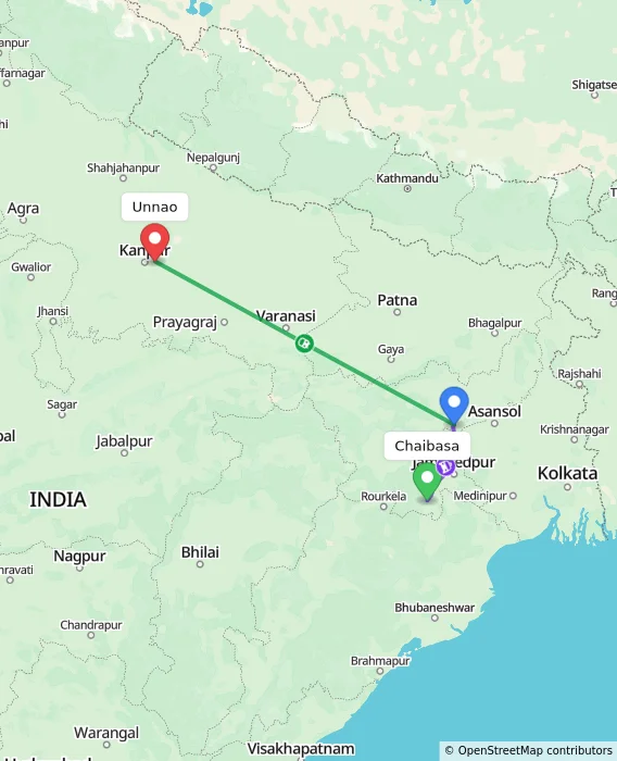 Route map showing distance and travel time from Chaibasa, India to Unnao, India