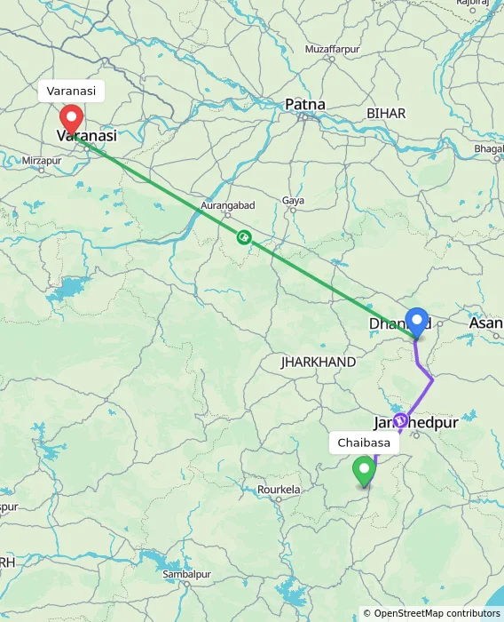 Route map showing distance and travel time from Chaibasa, India to Varanasi, India
