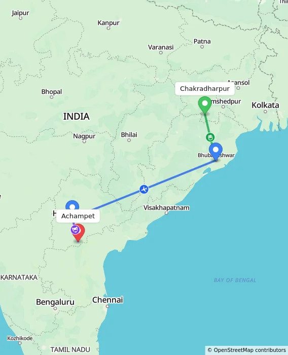 Route map showing distance and travel time from Chakradharpur, India to Achampet, India
