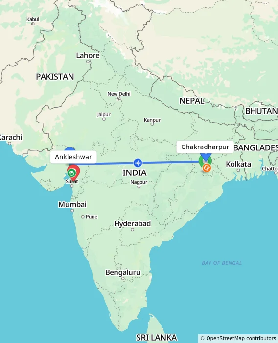 Route map showing distance and travel time from Chakradharpur, India to Ankleshwar, India