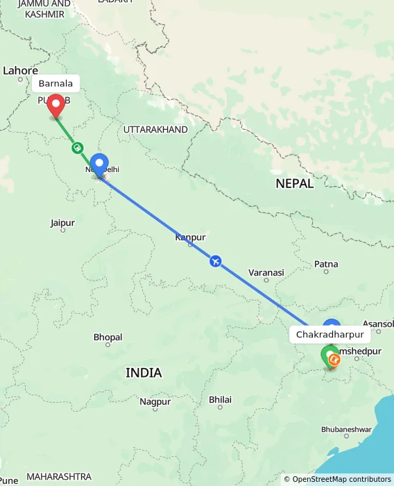 Route map showing distance and travel time from Chakradharpur, India to Barnala, India