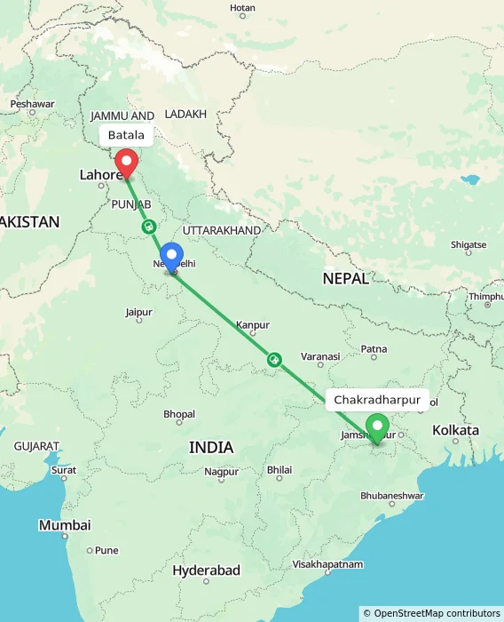 Route map showing distance and travel time from Chakradharpur, India to Batala, India