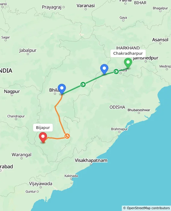Route map showing distance and travel time from Chakradharpur, India to Bijapur, India