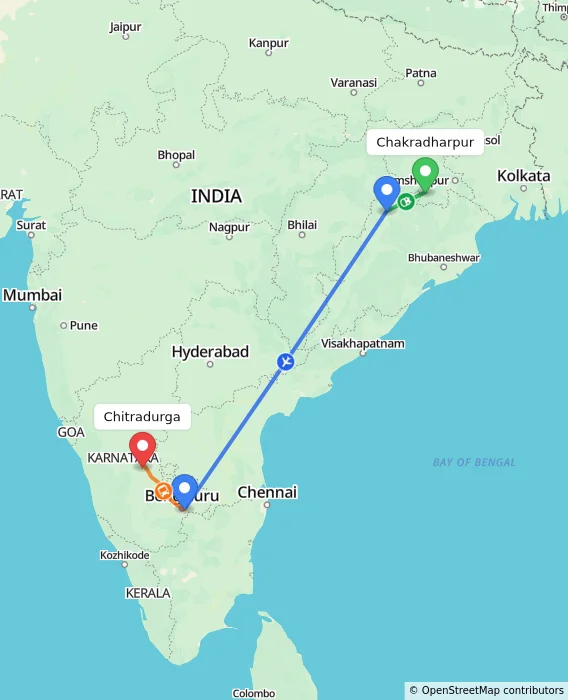 Route map showing distance and travel time from Chakradharpur, India to Chitradurga, India
