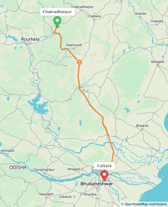 Route map showing distance and travel time from Chakradharpur, India to Cuttack, India