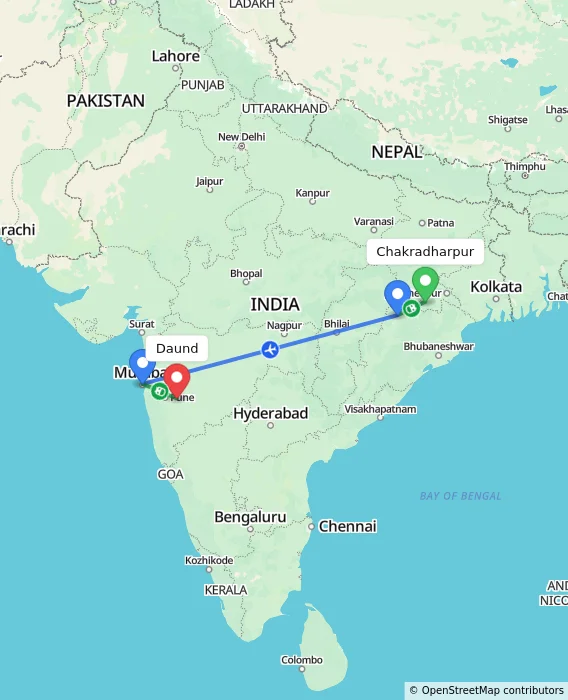 Route map showing distance and travel time from Chakradharpur, India to Daund, India
