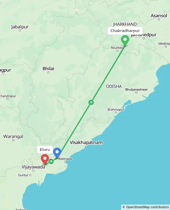 Route map showing distance and travel time from Chakradharpur, India to Eluru, India