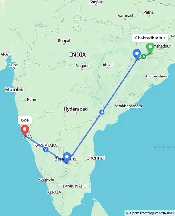 Route map showing distance and travel time from Chakradharpur, India to Goa, India