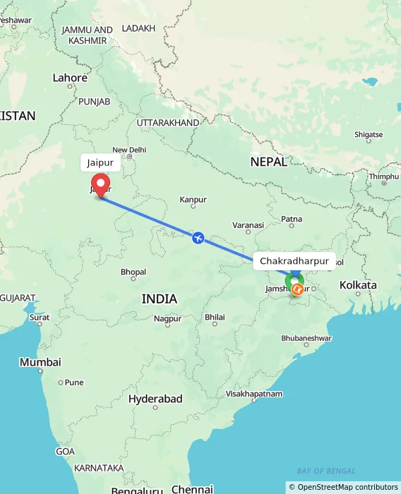 Route map showing distance and travel time from Chakradharpur, India to Jaipur, India