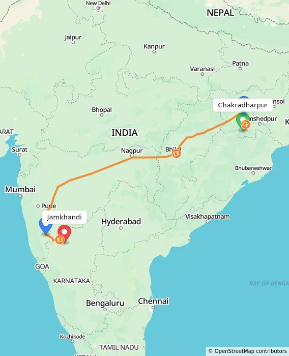 Route map showing distance and travel time from Chakradharpur, India to Jamkhandi, India