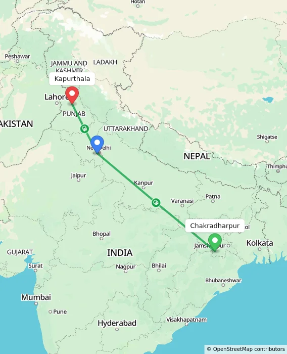 Route map showing distance and travel time from Chakradharpur, India to Kapurthala, India