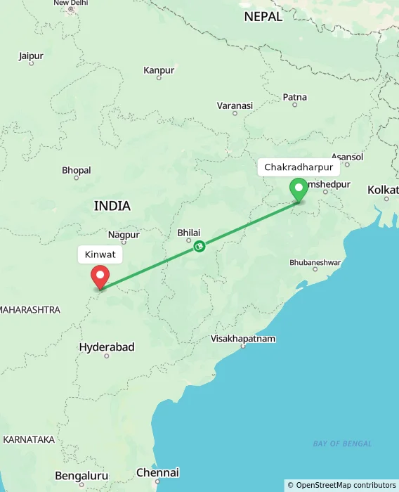 Route map showing distance and travel time from Chakradharpur, India to Kinwat, India