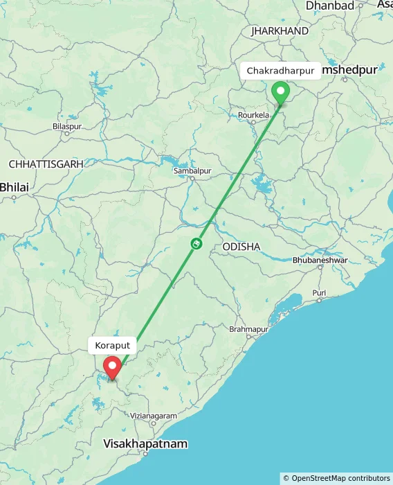 Route map showing distance and travel time from Chakradharpur, India to Koraput, India