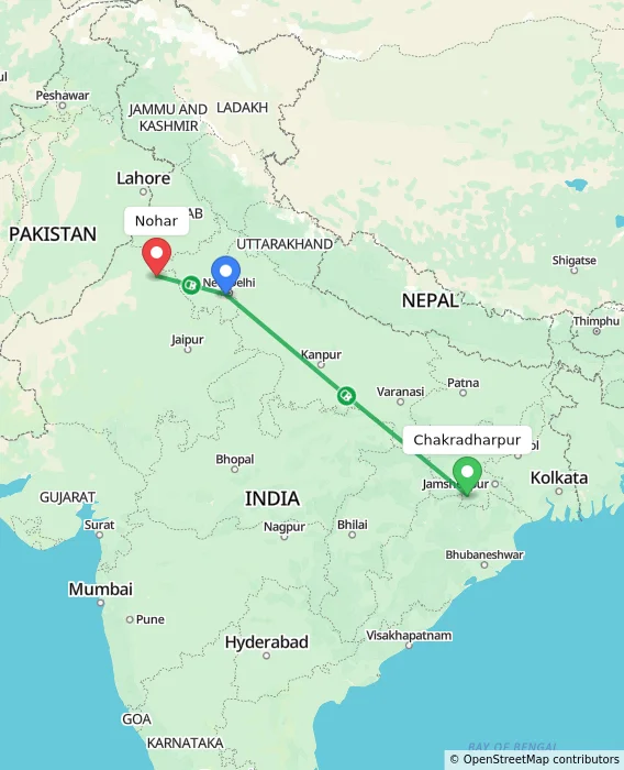 Route map showing distance and travel time from Chakradharpur, India to Nohar, India