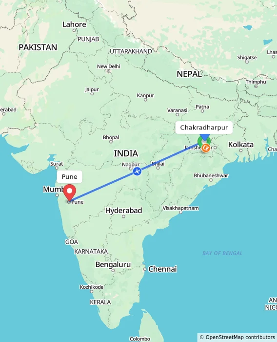 Route map showing distance and travel time from Chakradharpur, India to Pune, India